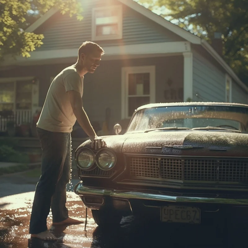 Homme lavant une voiture classique devant une maison, illustrant le rachat de voitures sans contrôle technique